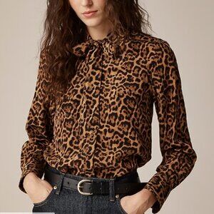 J Crew Removable tie-neck button-up shirt in leopard crepe de chine